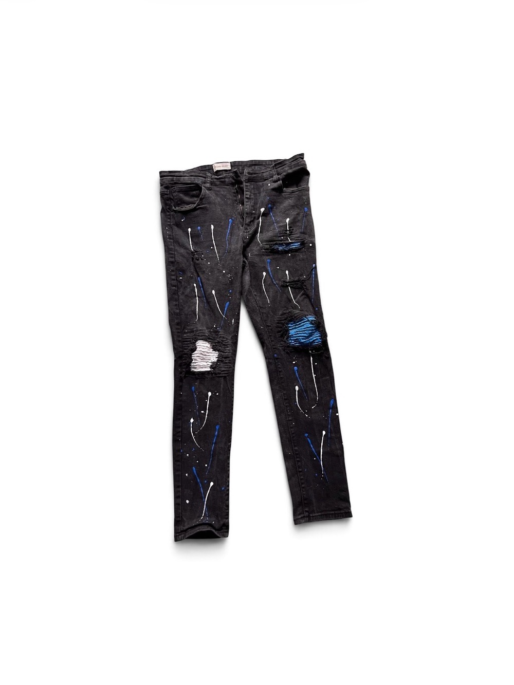 Black Distressed Men’s Jeans with Blue & White Paint Detail